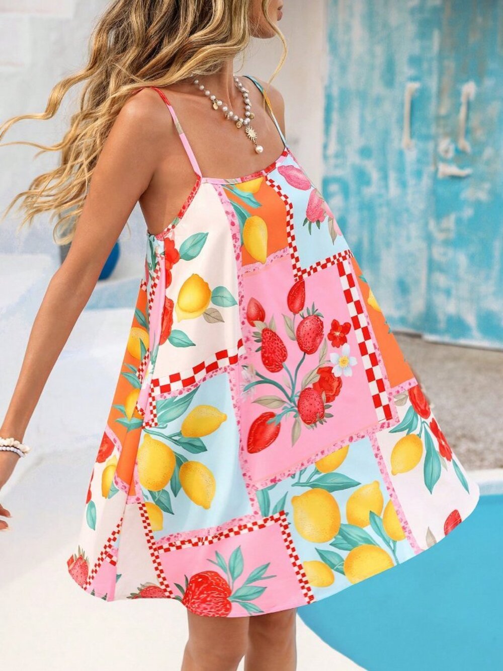 Multicolor Casual Women's fruist print a-line Mini Dress - Picture 6 of 8
